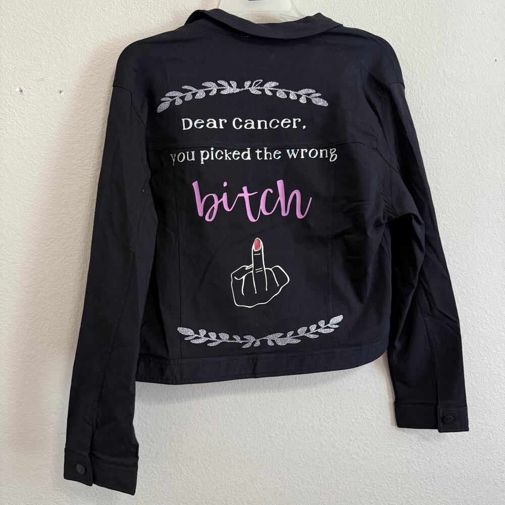 Trucker Style Lightweight Stretch Jacket by Love Sadie w/Cancer Graphic  Size L